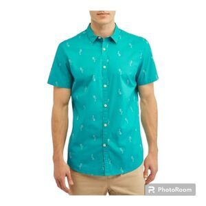 George Casual Slim Fit Men's Short Sleeve Blue Flamingo Printed Shirt Size S